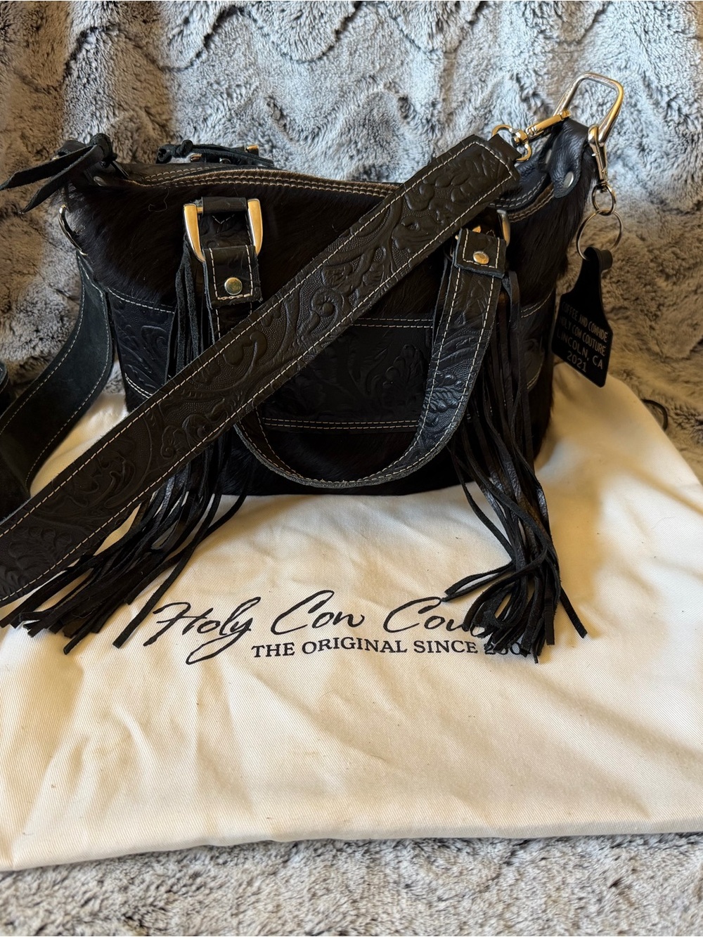 Black Holy Cow Collection Tooled Leather Fringe Shoulder Bag